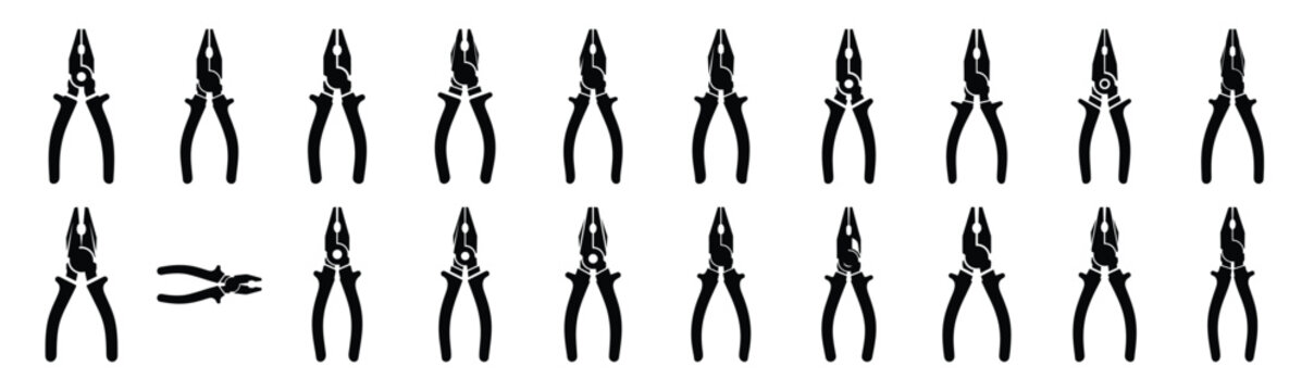 Set of various black silhouette combination pliers isolated on white background.