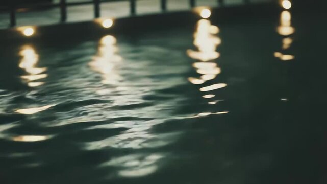 Water surface showing rippling texture and warm yellow light reflections at night, creating an abstract background for concepts of flow, peace, and fluidity