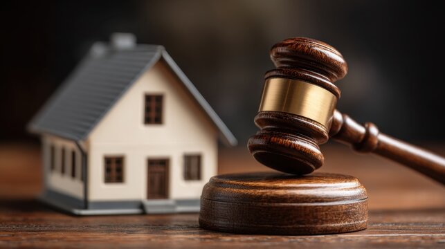 Wooden gavel and house model symbolizing real estate law and legal proceedings.