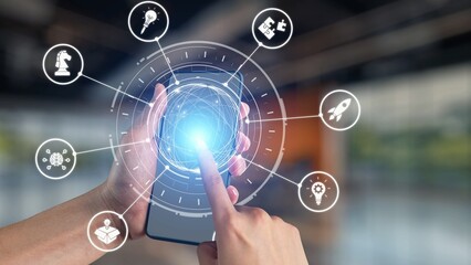 Obraz premium Innovation icons show creativity, teamwork, and project development. Innovation helps organizations design solutions, build strategy, and grow with new business opportunities. Gist