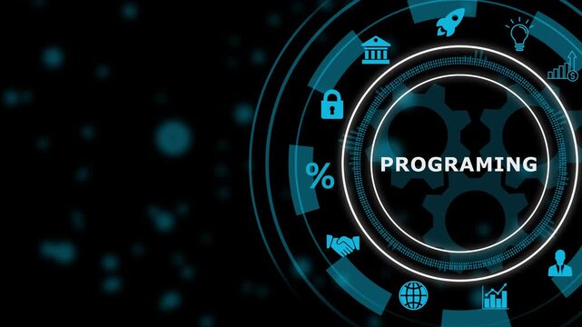 Digital infographic diagram with Programing text and technology icons on dark background natural language processing, 4k video