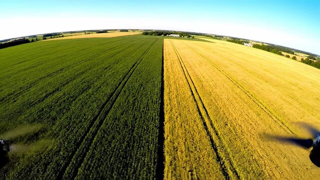 Sweeping aerial drone shot gliding over vast fields of contrasting natural colors smoothly merging at a defined boundary line merging, harmony, drone view