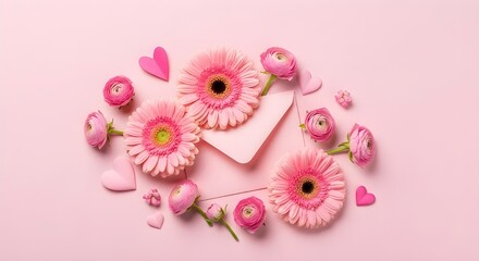 Pink Flowers and Hearts Scattered Around an Envelope