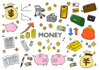 お金に関係するものの手描きイラストセット
