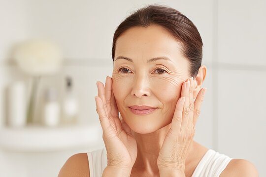 40 year old Asian woman applying moisturizer to her face. Skin beauty and elasticity after 40. A woman in her 40s enjoys a skincare moment, applying moisturizer for a radiant complexion.