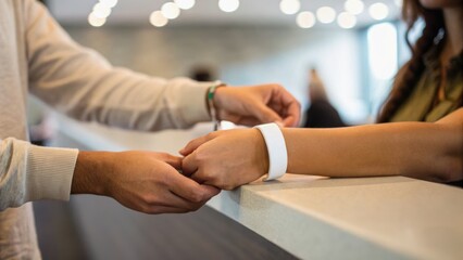 Obraz premium A person is handing a wristband to another at a counter in a modern setting, suggesting a check-in or registration process.