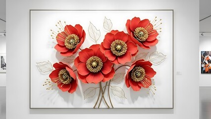 Vibrant red poppies on white canvas