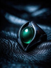 A metallic ring with an emerald gemstone, lying on a textured dark surface