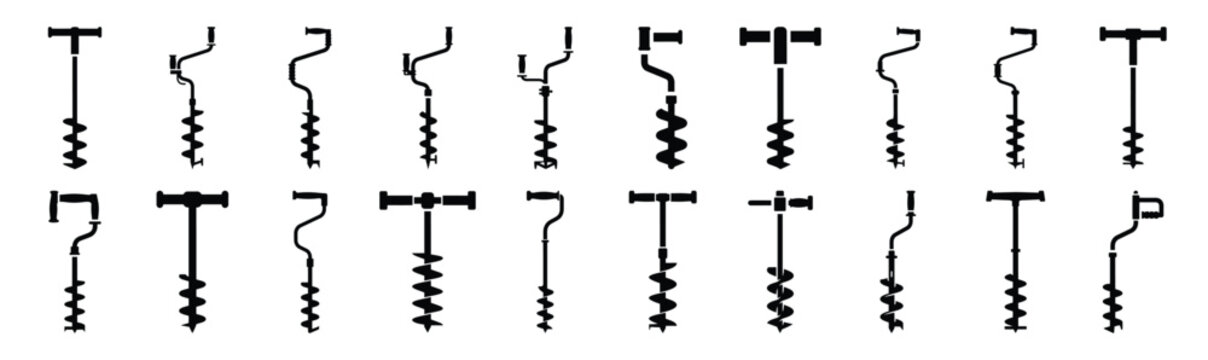 Set of various black silhouette hand auger isolated on white background.