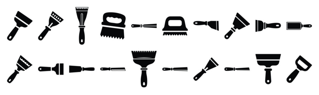Set of various black silhouette hand scraper isolated on white background.