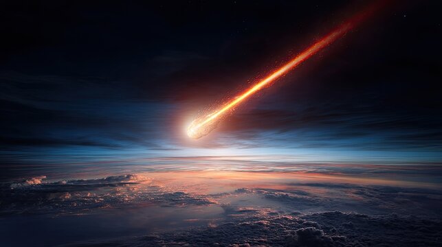 Space threat - huge asteroid. A meteorite flies over the surface of the Earth. The meteorite flies across the sky, a thrilling and beautiful reminder of the universe's wonders.