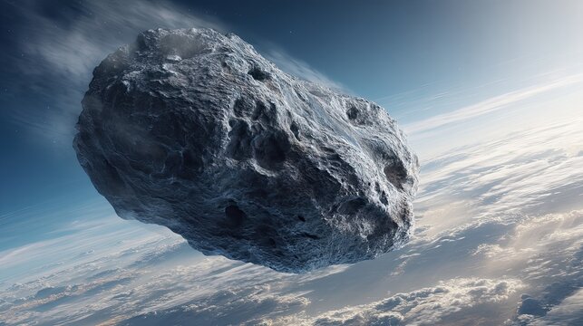 Space threat - huge asteroid. A meteorite flies over the surface of the Earth. A massive asteroid captured in space, reminding us of the cosmic forces that can impact Earth.