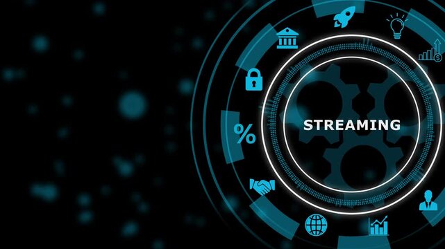 Digital infographic diagram with Streaming text and technology icons on dark background natural language processing, 4k video