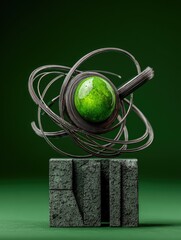 A green orb within a metal coil structure, atop a stone block, on a green backdrop