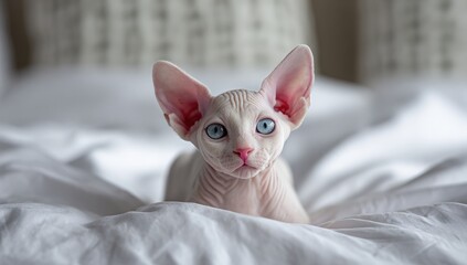 A hairless kitten with large ears and striking blue eyes rests on a rumpled white bed