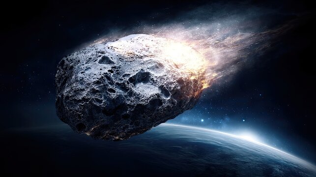 Space threat - huge asteroid. A meteorite flies over the surface of the Earth. The meteorite creates a stunning spectacle as it streaks through the night sky above Earth.