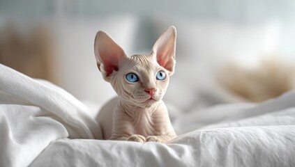 A hairless cat with bright blue eyes sits on white bedding, looking forward