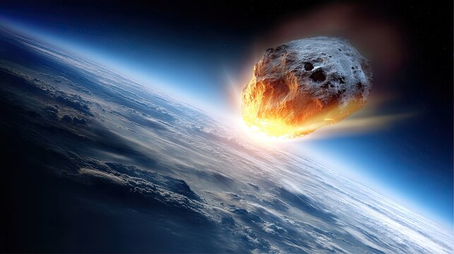 Space threat - huge asteroid. A meteorite flies over the surface of the Earth. An enormous asteroid floats in the void, prompting reflections on our place in the universe.