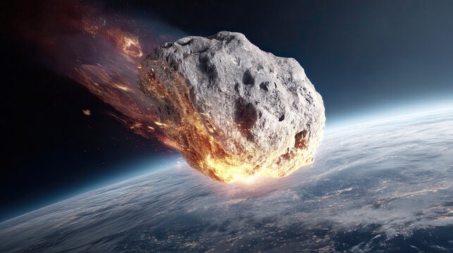 Space threat - huge asteroid. A meteorite flies over the surface of the Earth. The meteorite's fiery descent captures the imagination, showcasing the beauty of cosmic events.
