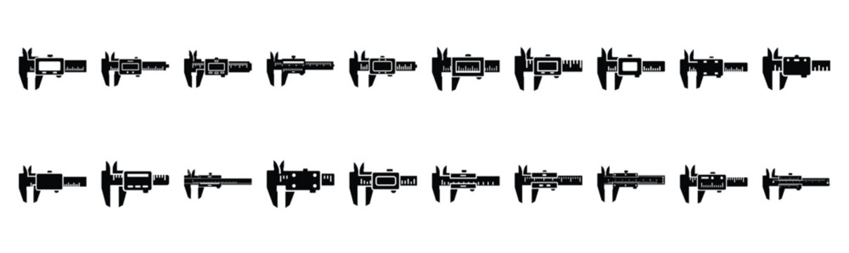 Set of various black silhouette measuring caliper isolated on white background.