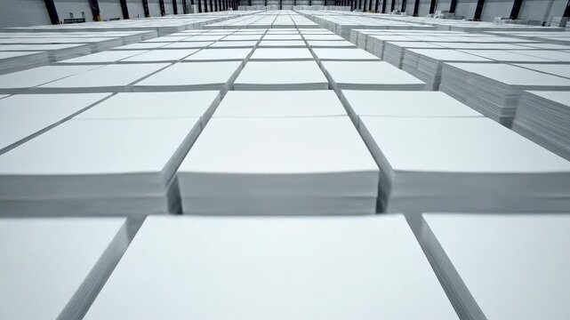 Sweeping overhead panoramic view tracing the endless rows of an immense, perfectly clean white stack of tightly packed paper sheets warehouse, rows, volume