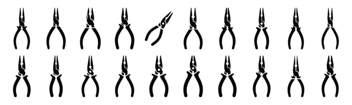 Set of various black silhouette needle nose pliers isolated on white background.