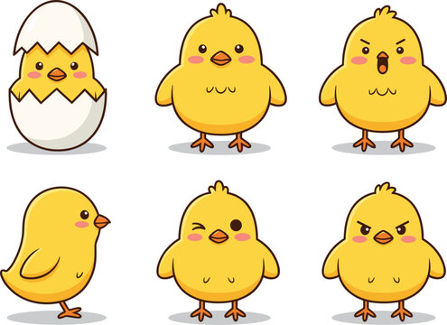 Cute Kawaii Chick Character Illustrations Featuring Different Emotions and Hatching from an Egg