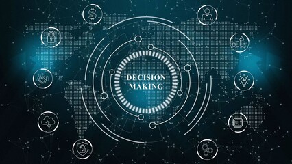 Obraz premium A Decision Making button on a clear projection ,Blue wave digital data flow. Seamless loop technology network background concept. Abstract technology data connection symbols. 3d illustration