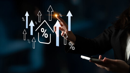 Business professional interacts with data visualizations showing upward trends in the real estate...