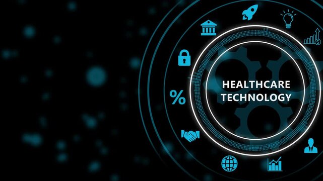 Digital infographic diagram with healthcare Technology text and technology icons on dark background natural language processing. 4k video