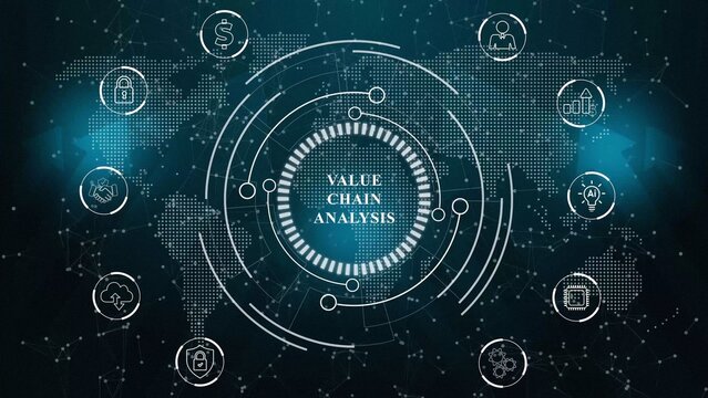 Value chain analysis displayed on a futuristic blue and technology interface, Business, Internet and network concept data transfer. Abstract technology data connection symbols. 3d illustration