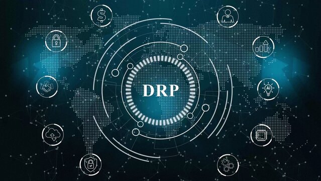 DRP Disaster Recovery Plan network diagram with icons and with gears background business continuity. Abstract technology data connection symbols on a deep cyan color background. 3d illustration