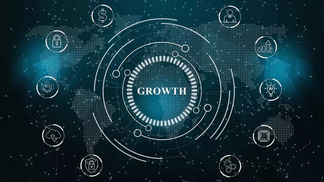 A Growth button on a clear projection. Blue wave digital data flow. Seamless loop technology network background concept . Futuristic digital technology 3d illustration