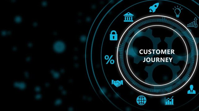 Digital infographic diagram with Customer journey text and technology icons on dark background natural language processing. 4k video
