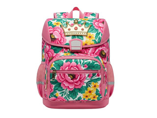 Vibrant pink floral backpack with crown emblem isolated on transparent background