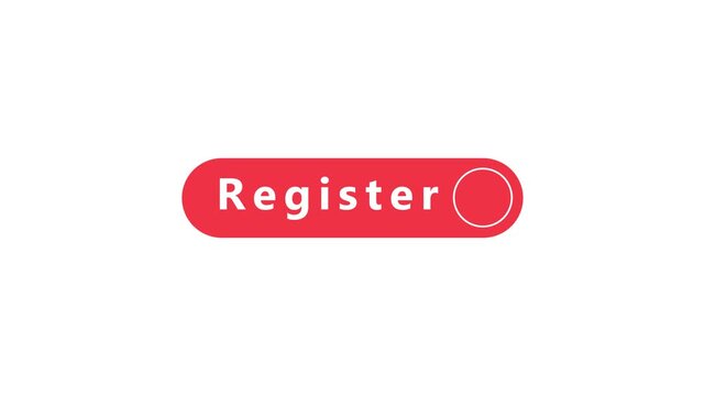 Red rounded rectangle button with the word Register in white text and a circular outline on the right on a white background
