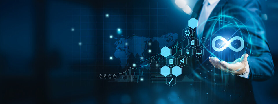 IT engineer holding deployment dashboard. DevOps integrates development and operations to automate workflows and deliver software faster and reliably.