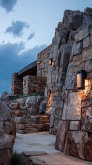 Exterior of a stone building integrated into a rocky hillside at dusk, warmly lit
