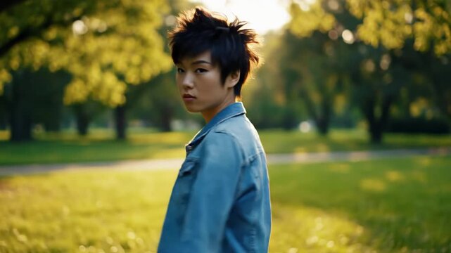 Young Asian man looking back while standing in a sunny park  