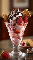 Elegant dessert glass showcasing strawberry ice cream, whipped cream, chocolate sauce, and garnish