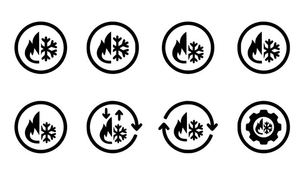 Combined hot and cold icon set with flame and snowflake for temperature control