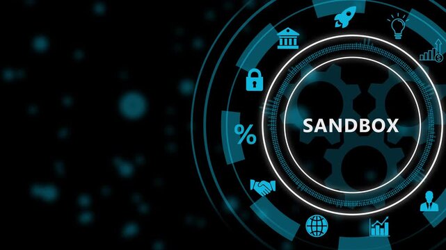 Digital infographic diagram with Sandbox text and technology icons on dark background natural language processing. 4k video