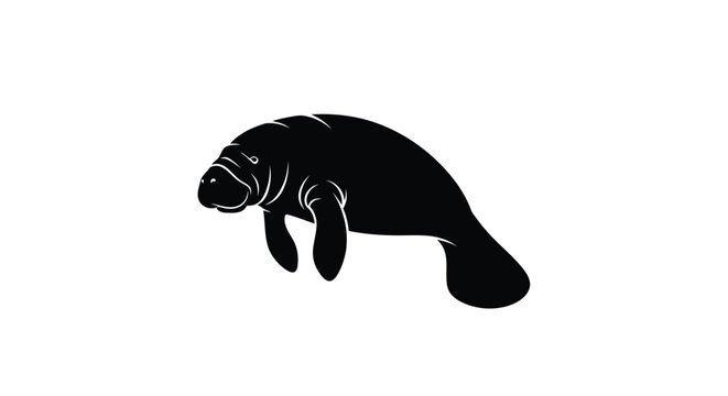 A silhouette of a manatee swims gracefully against a stark white background.