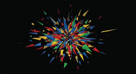 Explosion of colorful geometric shards and fragments radiating from a central point against a black background