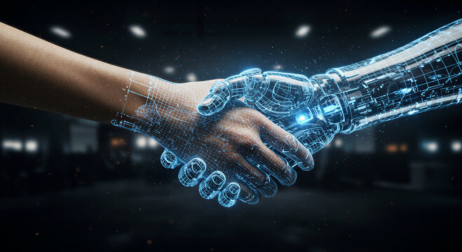 Woman shaking hands with robotic arm in digital handshake. Human and ai partnership concept. Future technology collaboration symbolizing integration of machine intelligence and human interaction.