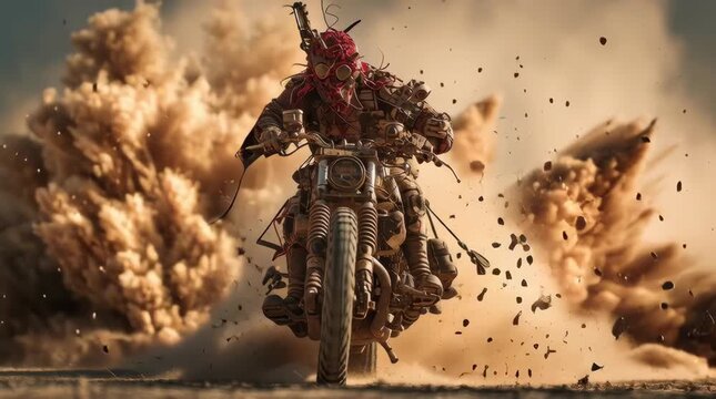 A fearless wasteland rider launches violently out of a towering wall of sandstorm on a heavily modified motorcycle, the front wheel lifted high in mid-air as both rider and machine erupt in a storm of