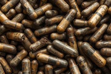 Collection of brown, cylindrical capsules in a pile