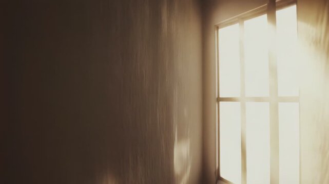 Golden sun rays from a window cast a warm, atmospheric glow across an empty interior wall, evoking peaceful solitude, calm morning light and quiet, hopeful stillness