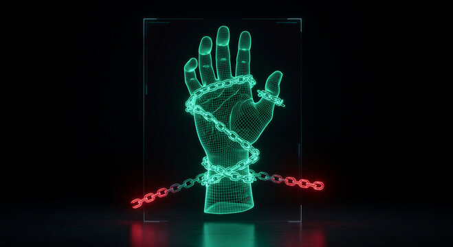 Digital holographic hand wrapped in glowing chains inside transparent frame. Futuristic cyberpunk concept of virtual restraint and data bondage. Metaphor for online security and digital imprisonment