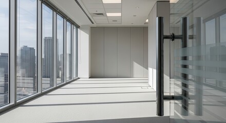 Obraz premium Sunlit empty modern office interior with panoramic windows and city view.